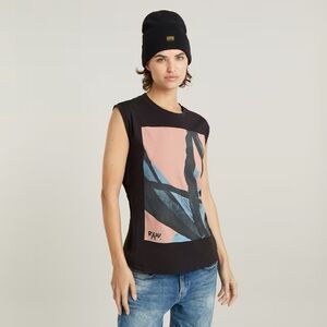G-Star Raw Women’s Al Print Sleeveless Top Black Abstract T-Shirt Sz S *Sold Out